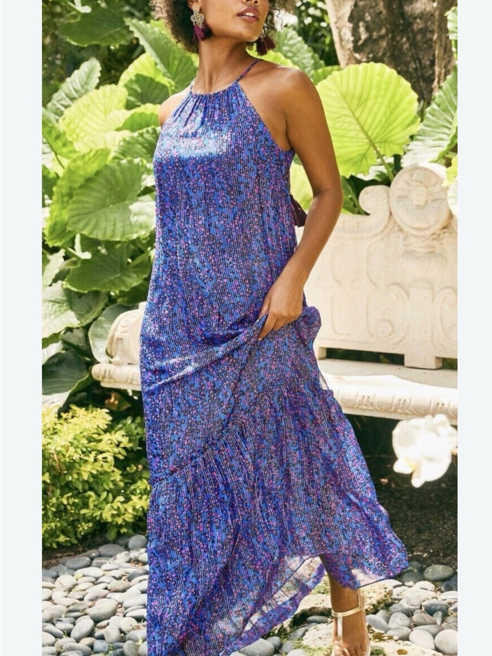 NWT ~Lilly Pulitzer Alessandra Maxi Dress Blue Flare Growl And Prowl Metallic